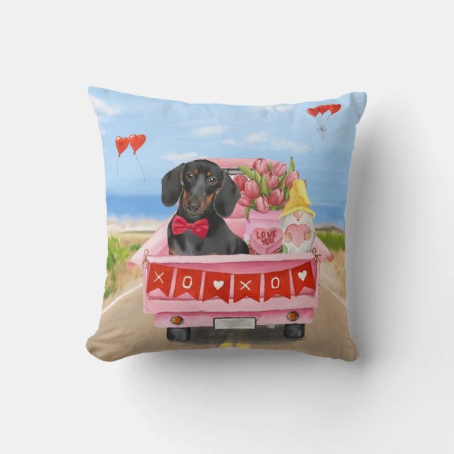 Dachshund Dog Valentine's Day Truck Hearts Cushion (Front)