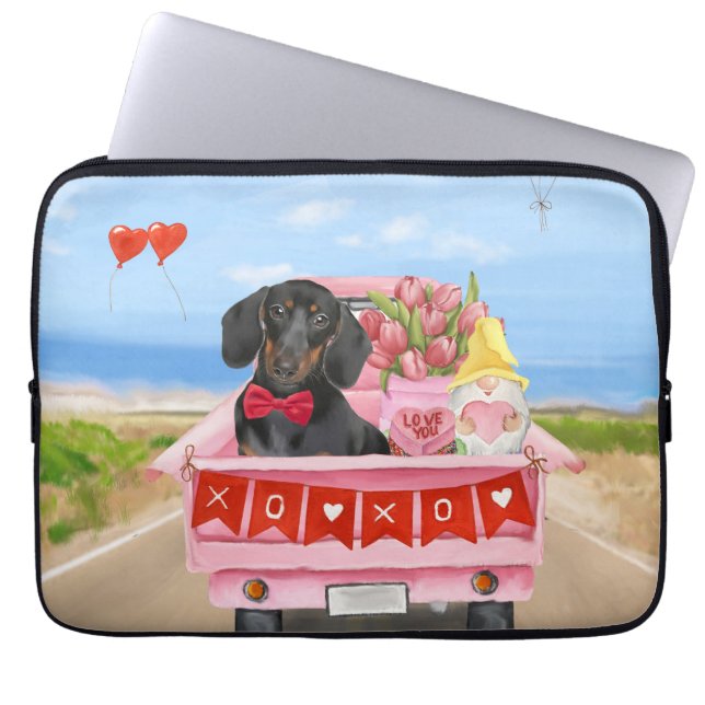 Dachshund Dog Valentine's Day Truck Hearts Laptop Sleeve (Front)