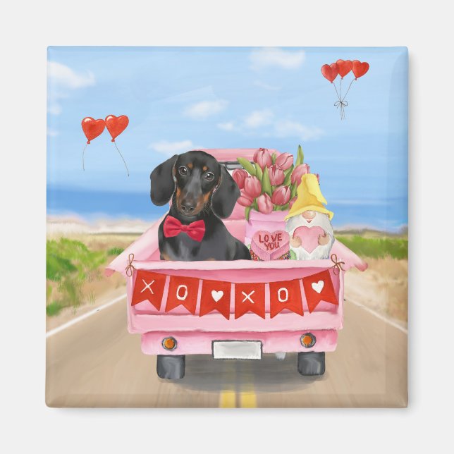 Dachshund Dog Valentine's Day Truck Hearts Magnet (Front)
