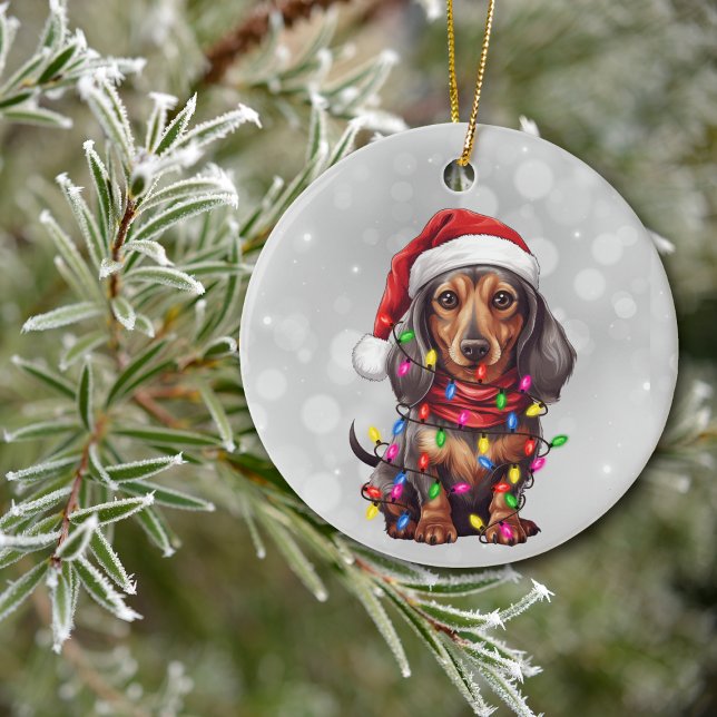 Dachshund Dog Wrapped in Christmas Lights  Ceramic Ornament (Creator Uploaded)