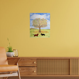 Dachshund Dogs Autumn Tree Walk Poster