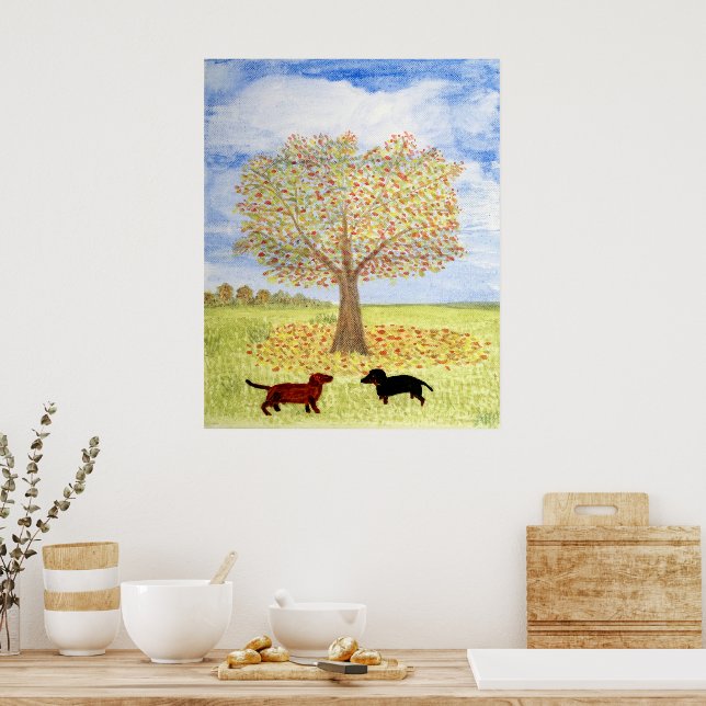 Dachshund Dogs Autumn Tree Walk Poster (Kitchen)