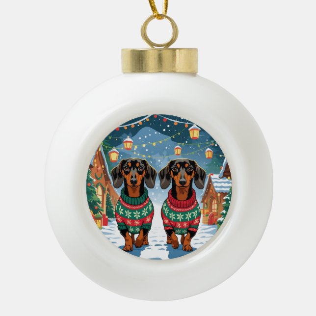 Dachshund Dogs Christmas Snow Holiday Ceramic Ball Christmas Ornament (Front)