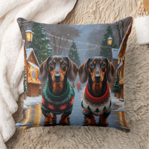 Dachshund Dogs Christmas Snow Holiday Cushion