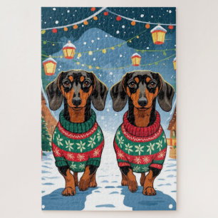 Dachshund Dogs Christmas Snow Holiday Jigsaw Puzzle