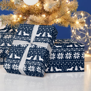 Dachshund Dogs Christmas Sweater Pattern Blue Wrapping Paper