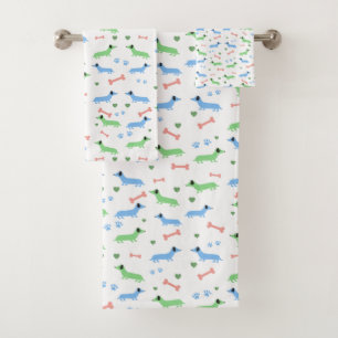 Dachshund Dogs Colorful Doxies Paws Green Bath Towel Set