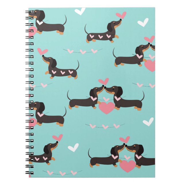 Dachshund dogs in love and hearts seamless pattern notebook (Front)