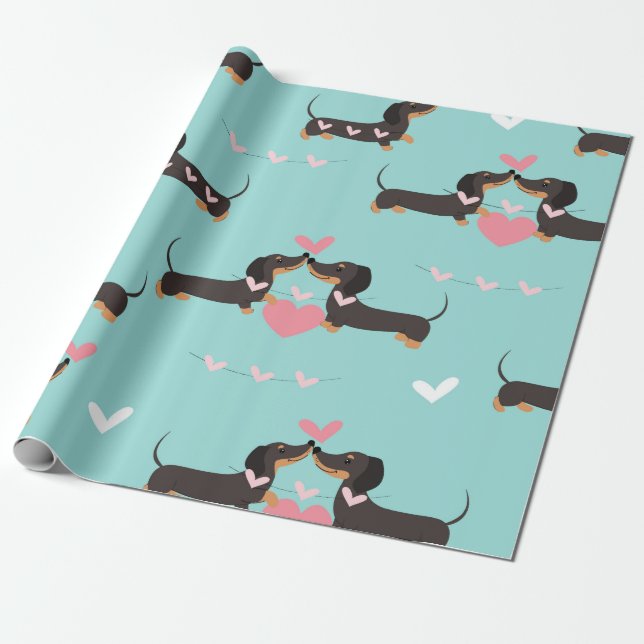 Dachshund dogs in love and hearts seamless pattern wrapping paper (Unrolled)