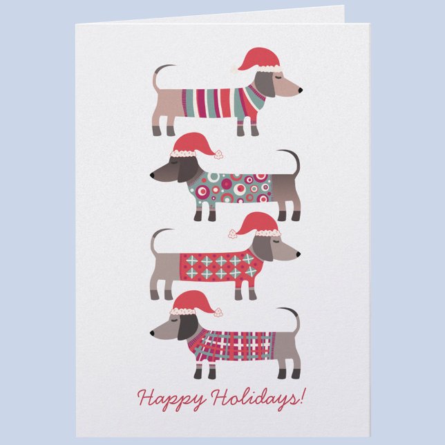 Dachshund Dogs in Santa Hats Christmas  Note Card (Fun Dachshund Wiener Saugsage Dogs in wooly jumpers Holiday card)