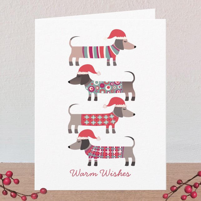 Dachshund Dogs in Santa Hats Christmas  Note Card (Dachshund Dogs in Santa Hats fun personalized greetings card for Christmas or the Winter Holidays)
