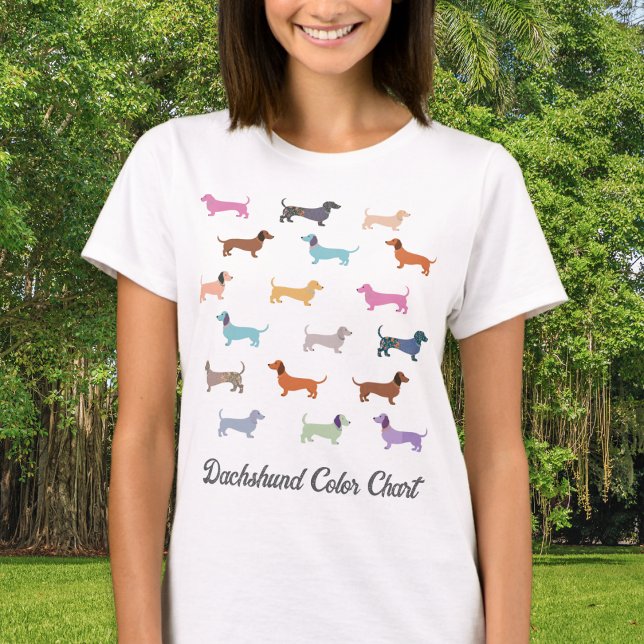 Dachshund Dogs Pattern Funny Colour Chart T-Shirt (A funny t-shirt with colorful dachshunds pattern, and humorous caption 'Dachshund Color Chart')