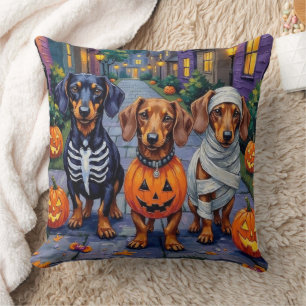 Dachshund Dogs Trick-or-Treating in Halloween Cushion