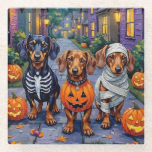 Dachshund Dogs Trick-or-Treating in Halloween Glass Coaster