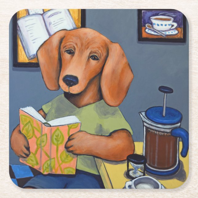 Dachshund Drinking Coffee coaster (Front)