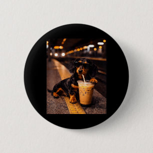 Dachshund Drinking Iced Coffee Funny Animal Meme 6 Cm Round Badge