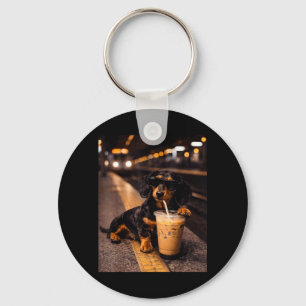 Dachshund Drinking Iced Coffee Funny Animal Meme Key Ring