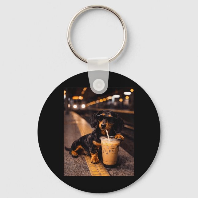 Dachshund Drinking Iced Coffee Funny Animal Meme Key Ring (Front)