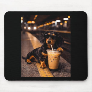 Dachshund Drinking Iced Coffee Funny Animal Meme Mouse Pad