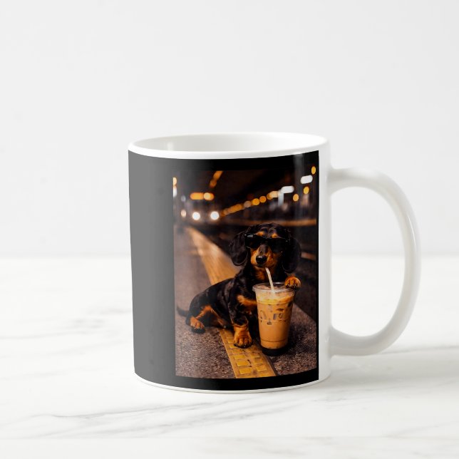 Dachshund Drinking Iced Coffee Funny Animal Meme Mug (Right)