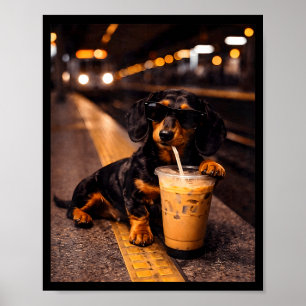 Dachshund Drinking Iced Coffee Funny Animal Meme Poster