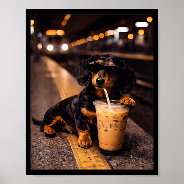 Dachshund Drinking Iced Coffee Funny Animal Meme Poster (Front)