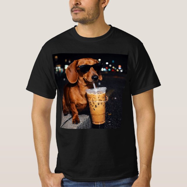 Dachshund Drinking Iced Coffee T-Shirt (Front)