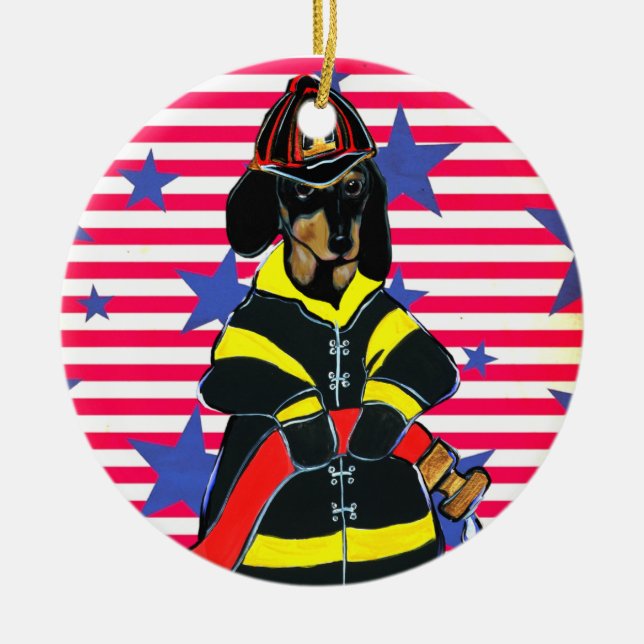 DACHSHUND FIREMEN   CERAMIC ORNAMENT (Front)