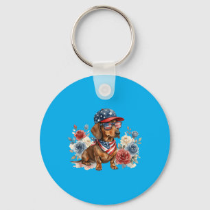 Dachshund Floral Aamerican Flag Usa 4th Of July Key Ring