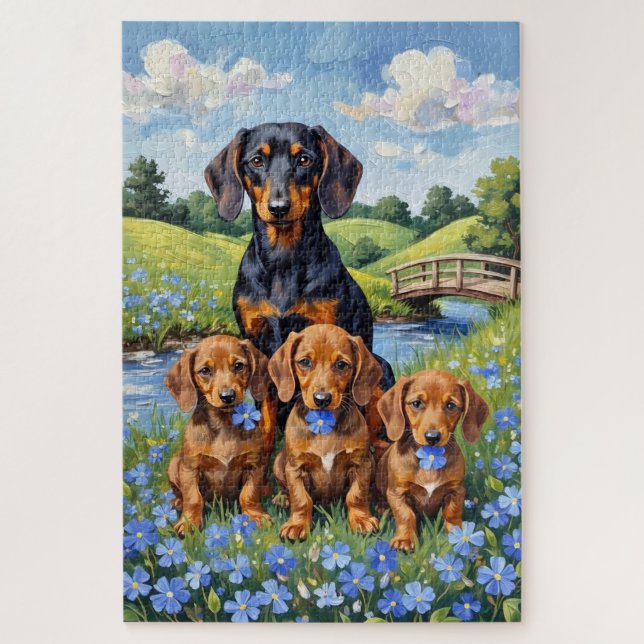 Dachshund Forget-Me-Not Meadow Art Jigsaw Puzzle (Vertical)