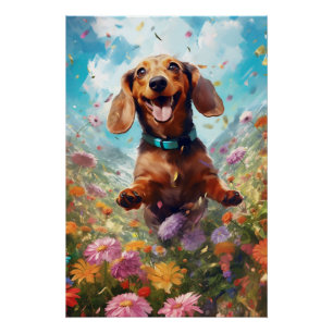 Dachshund Frolicking In A Field Of Colourful Flowe Poster
