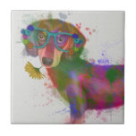 Dachshund & Glasses Rainbow Splash Ceramic Tile<br><div class="desc">This watercolor print features a colourful portrait of a dachsund in teal glasses adorned in flowers | By Fab Funky</div>