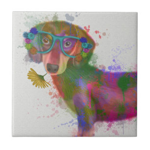 Dachshund & Glasses Rainbow Splash Ceramic Tile