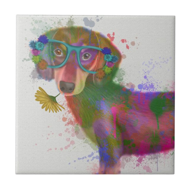 Dachshund & Glasses Rainbow Splash Ceramic Tile (Front)