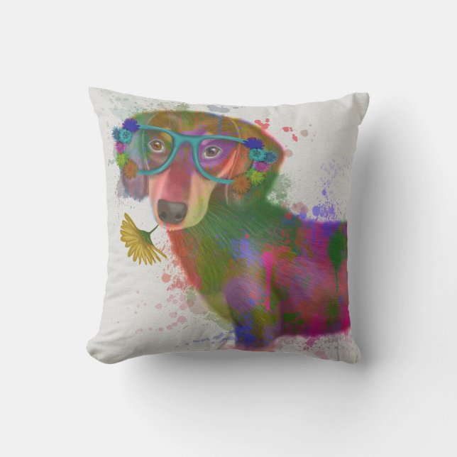 Dachshund & Glasses Rainbow Splash Cushion (Front)