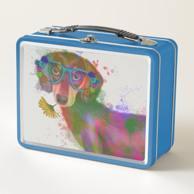 Dachshund & Glasses Rainbow Splash Metal Lunch Box (Front)