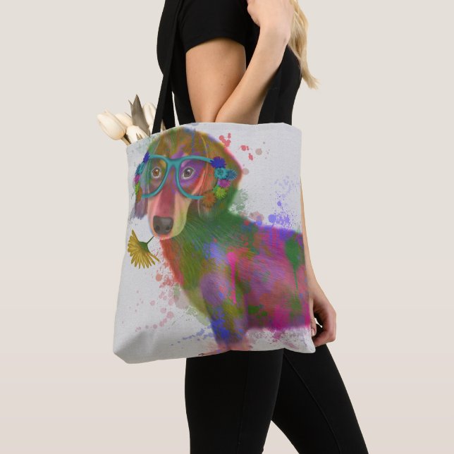 Dachshund & Glasses Rainbow Splash Tote Bag (Close Up)