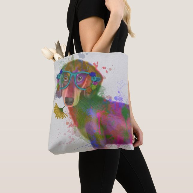 Dachshund & Glasses Rainbow Splash Tote Bag (Close Up)