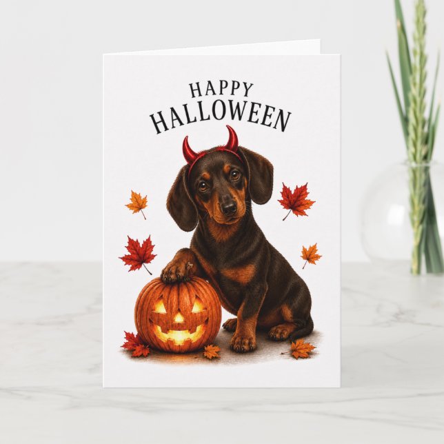 Dachshund Halloween Devil Dog Card (Front)
