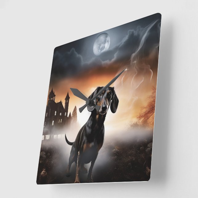 Dachshund Halloween Scary Square Wall Clock (Angle)