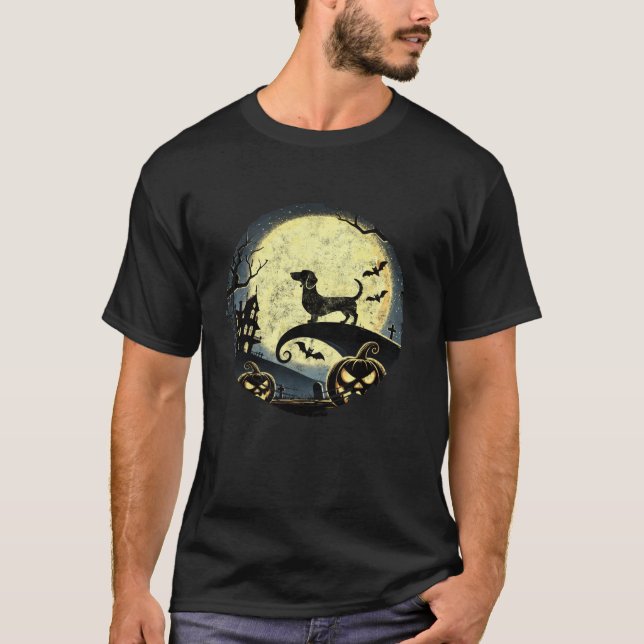 Dachshund Halloween Spooky Moon Tee Dog Lover Dach (Front)