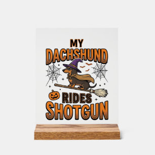 Dachshund Halloween Witch Broom Rides Shotgun Shir Acrylic Sign