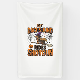 Dachshund Halloween Witch Broom Rides Shotgun Shir Banner
