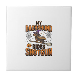 Dachshund Halloween Witch Broom Rides Shotgun Shir Ceramic Tile