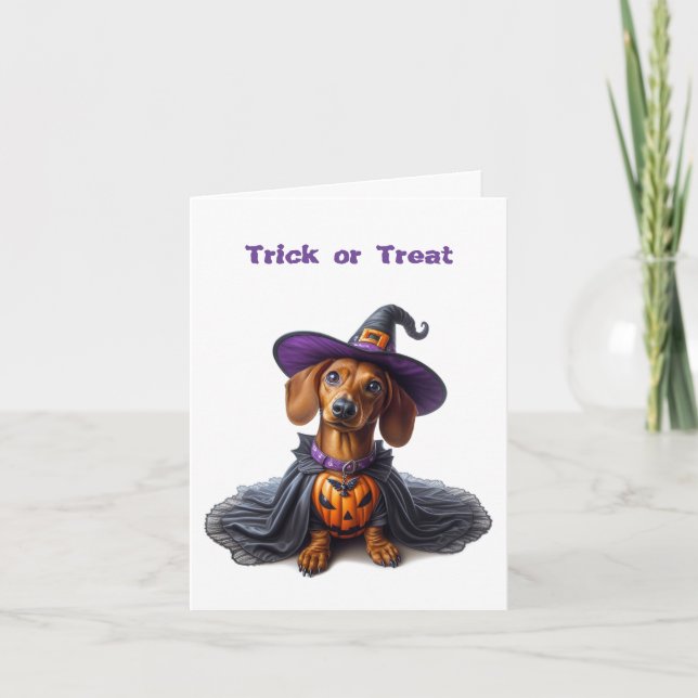 Dachshund Halloween Witch Folded Greeting Card (Front)