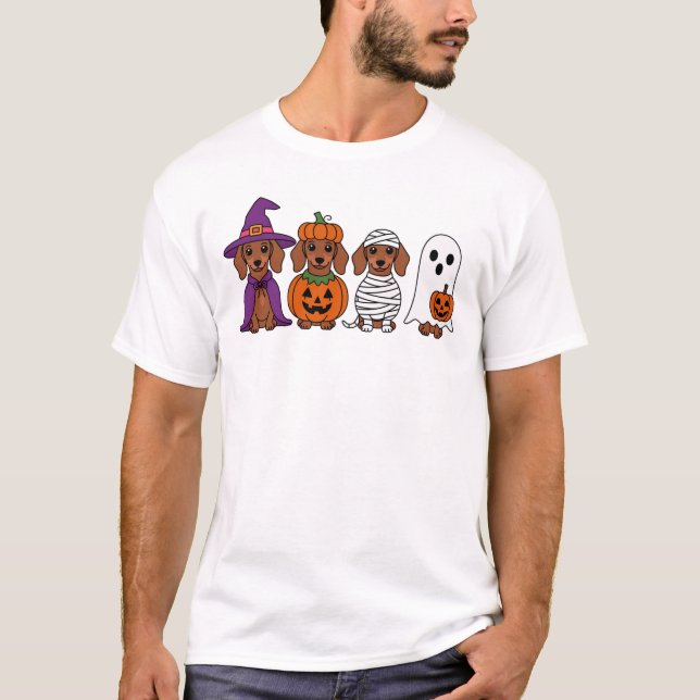 Dachshund Halloween Witch Pumpkin Mummy Ghost T-Shirt (Front)
