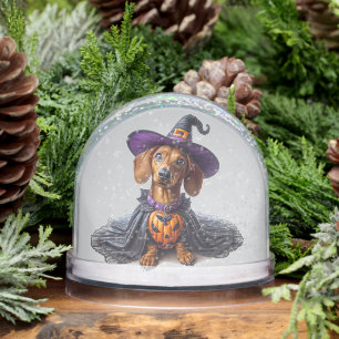 Dachshund Halloween Witch Snow Globe