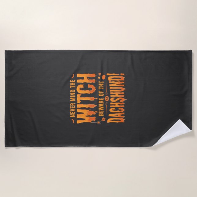 Dachshund Halloween Witch Warning Typography Vecto Beach Towel (Front)