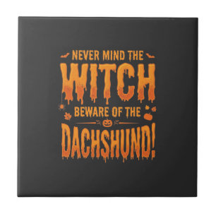 Dachshund Halloween Witch Warning Typography Vecto Ceramic Tile