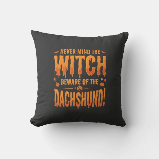 Dachshund Halloween Witch Warning Typography Vecto Cushion (Front)